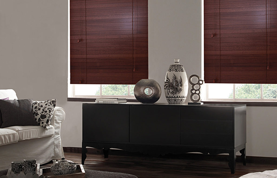 Wooden blinds in a dark living room