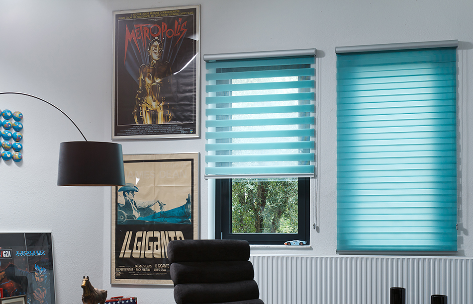 modern blue duoroll blinds in welwyn garden city study