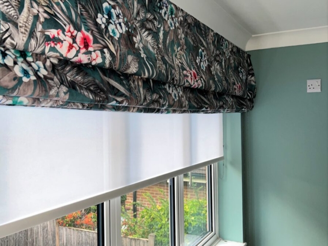 Floral Velvet Printed Roman Blind with voile privacy roller blind installed behind