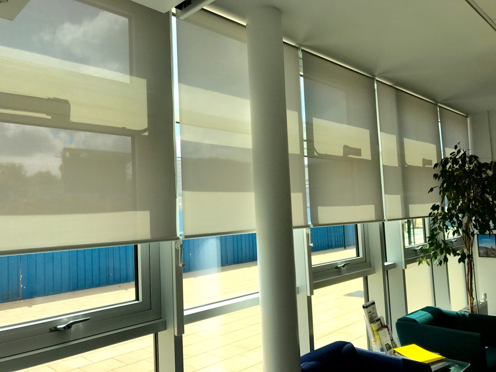 Modern Office window treatments - Screen Roller blinds in a reception area