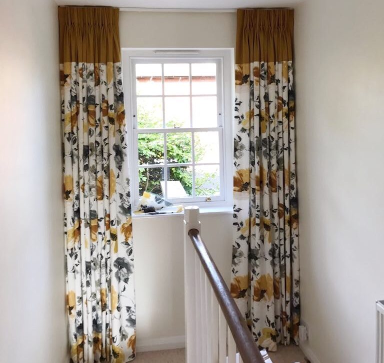 yellow and grey floral made to measure curtains for landing area