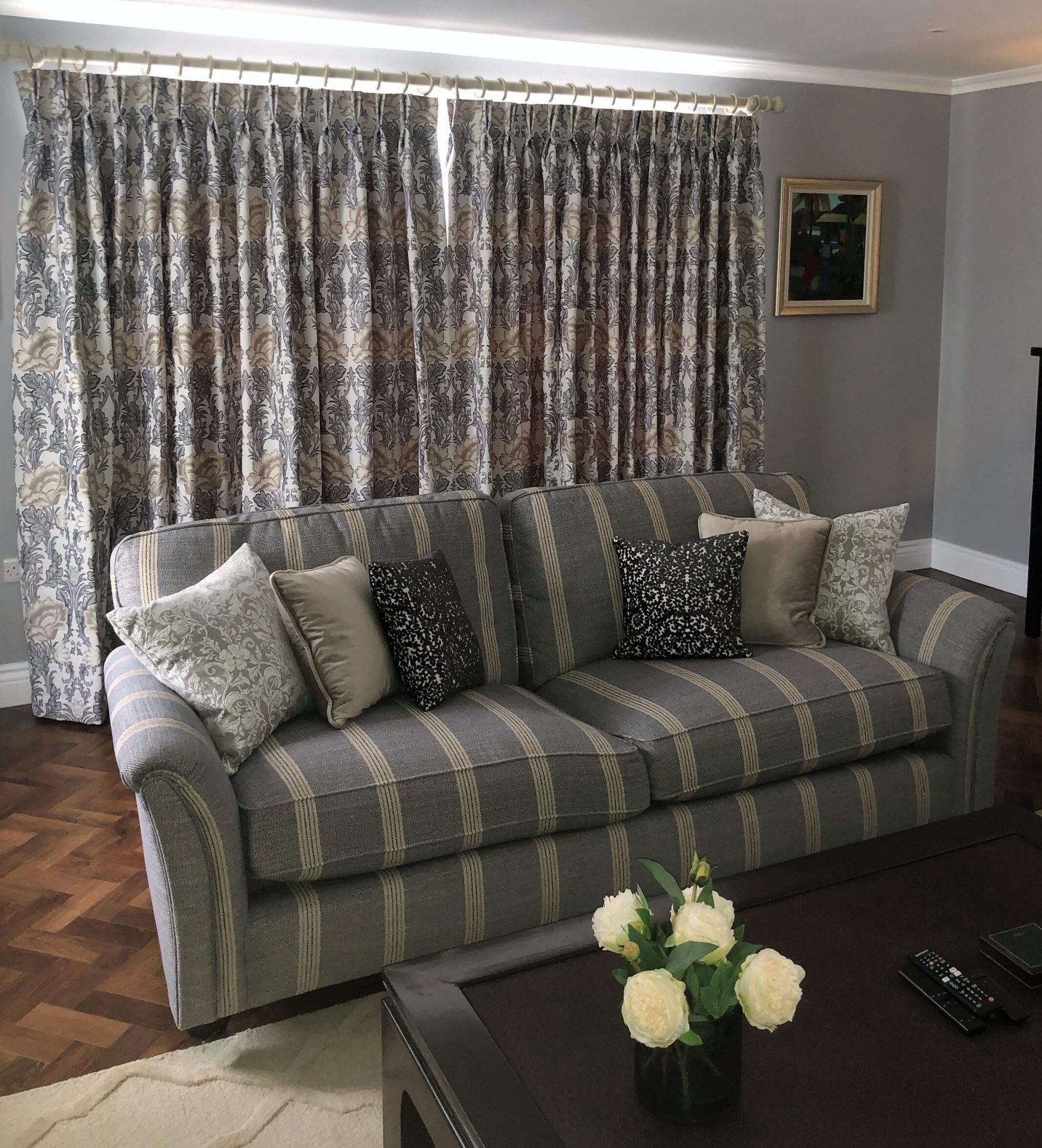 Triple Pinch Pleat Curtains in William Morris style patterned fabric on a Traditional Painted Wooden Pole