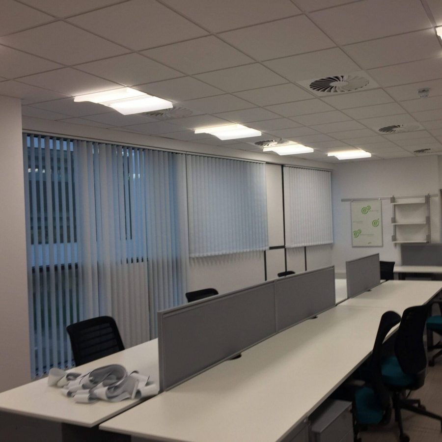 Made-to-measure vertical blinds installed in an office