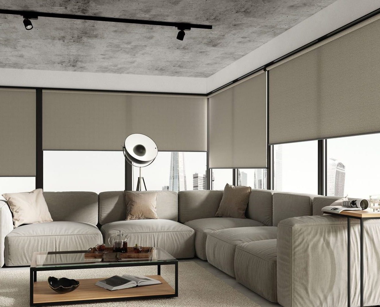 Motorised dimout roller blinds with smart home integration