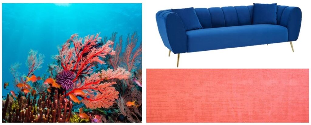 Coral paired with Midnight Blue, interior design scheme incorporating Spring Interior Decor Colours