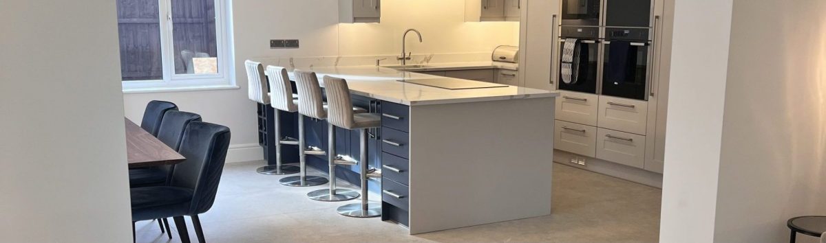 Open Plan Bespoke Kitchen and open plan Dining room. Designed and installed in Welwyn Garden City