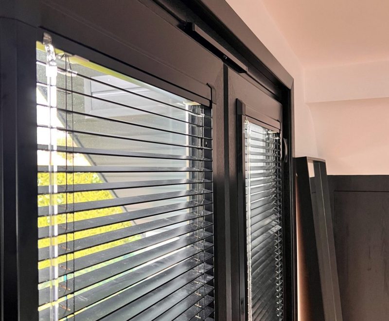 Black Perfect Fit Wood Venetian Blinds to Patio Doors