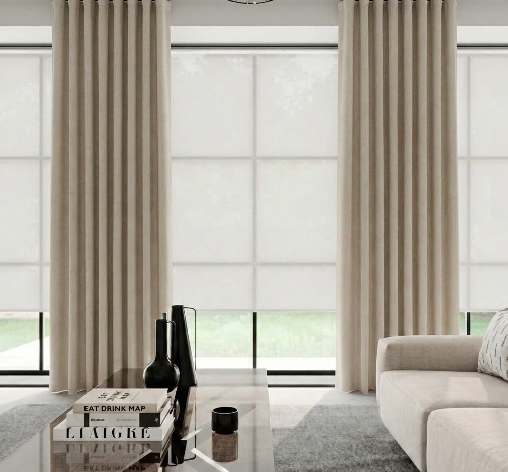 Voile roller blinds and floor to ceiling wave curtains with blackout lining from the Unidrape Executive Landlord Pack