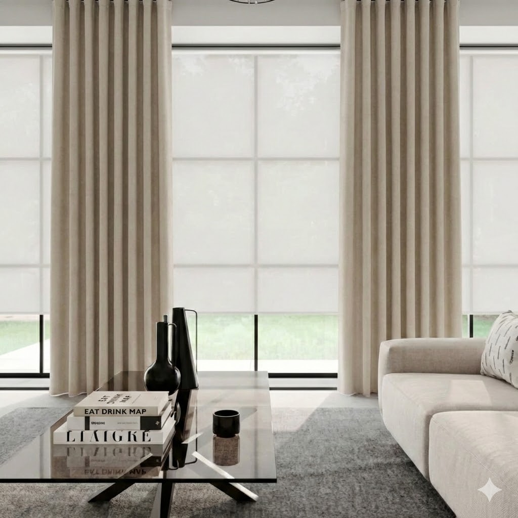 Voile roller blinds and floor to ceiling wave curtains with blackout lining from the Unidrape Executive Landlord Pack