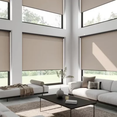 Roller blinds in Taupe to Double Height Living Space