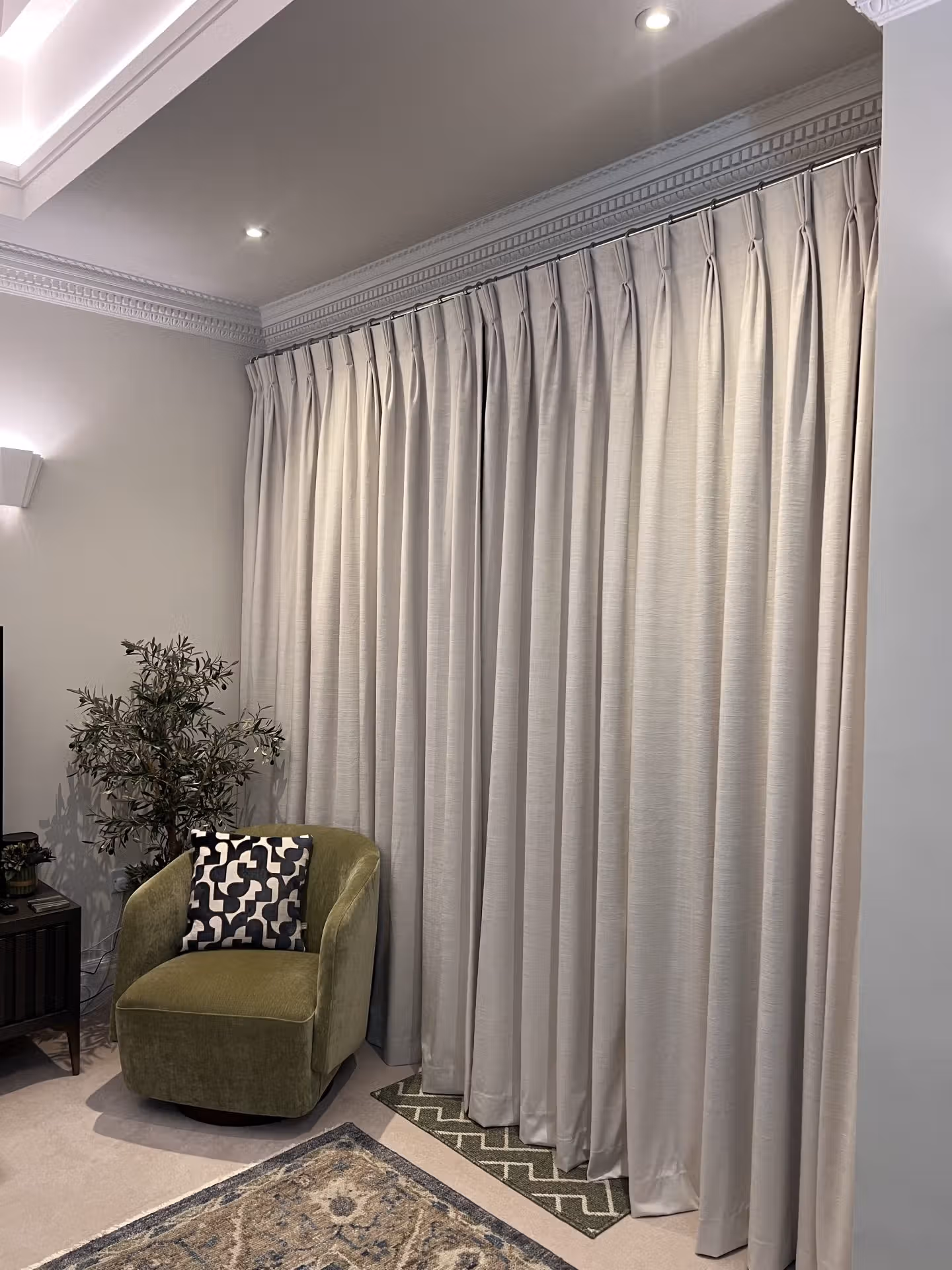 Floor to ceiling triple pinch pleat curtains in Dakota velvet fabric