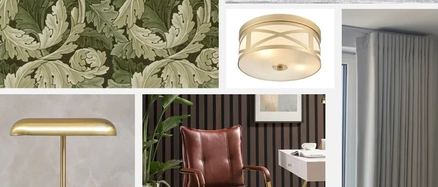 Digital Mood Board showing curtain style, fabric, furniture and lighting for a traditionally styled study