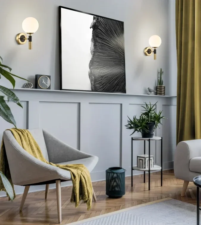 Axle frosted glass and brass wall lights in a scandi style modern living room